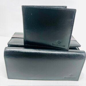 (2)Men/Women  Black Leather Convas  Bi Fold Wallet DAVID HICKS Long and short